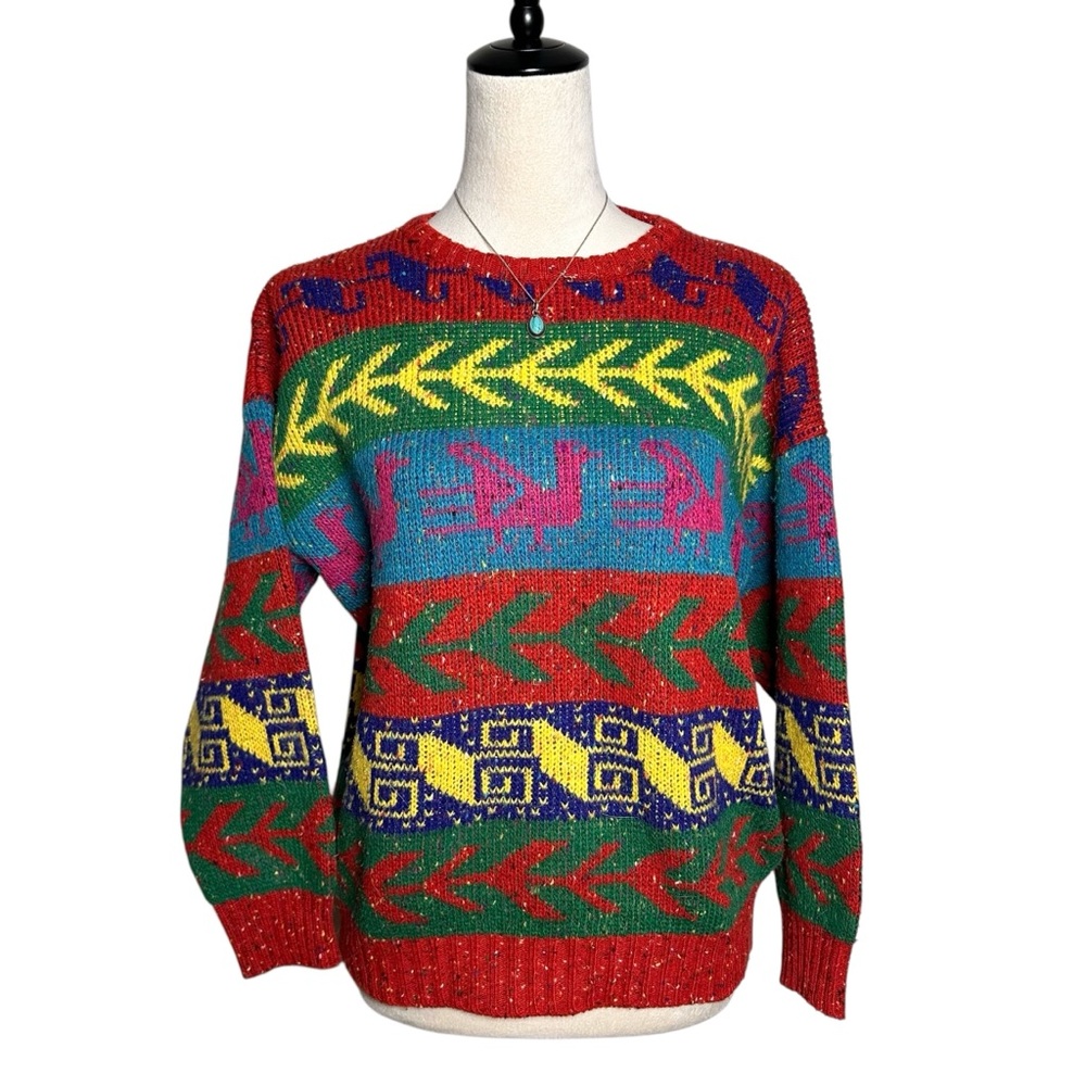 Vintage 90s EZ Spirit Petite Knit Sweater Small |‎ Red Colorful Eclectic Grandpa